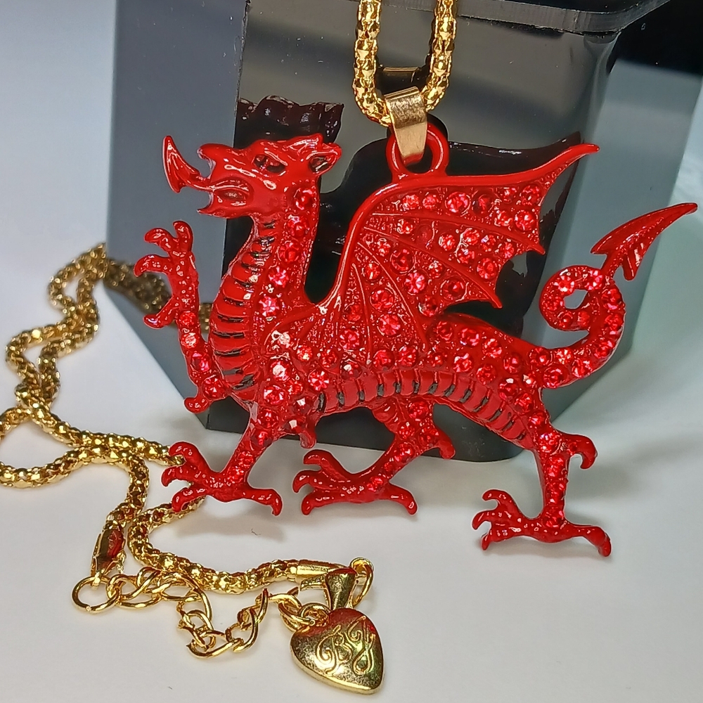 Red Dragon Pendant BJ Necklace with Red Rhinestone Crystals